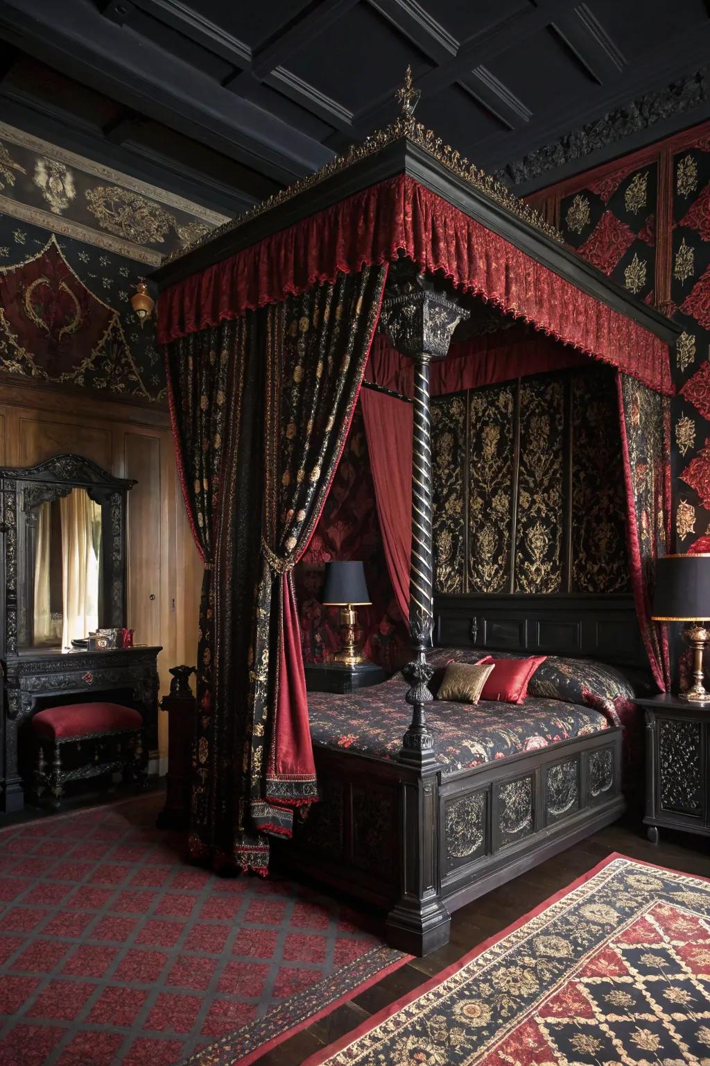 Bold patterns add visual interest to this Gothic bedroom.