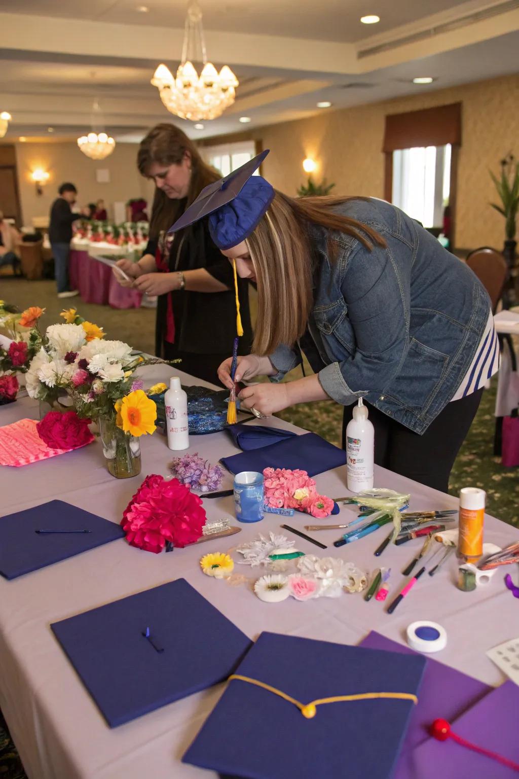 Crafting personalized graduation caps for a creative celebration.