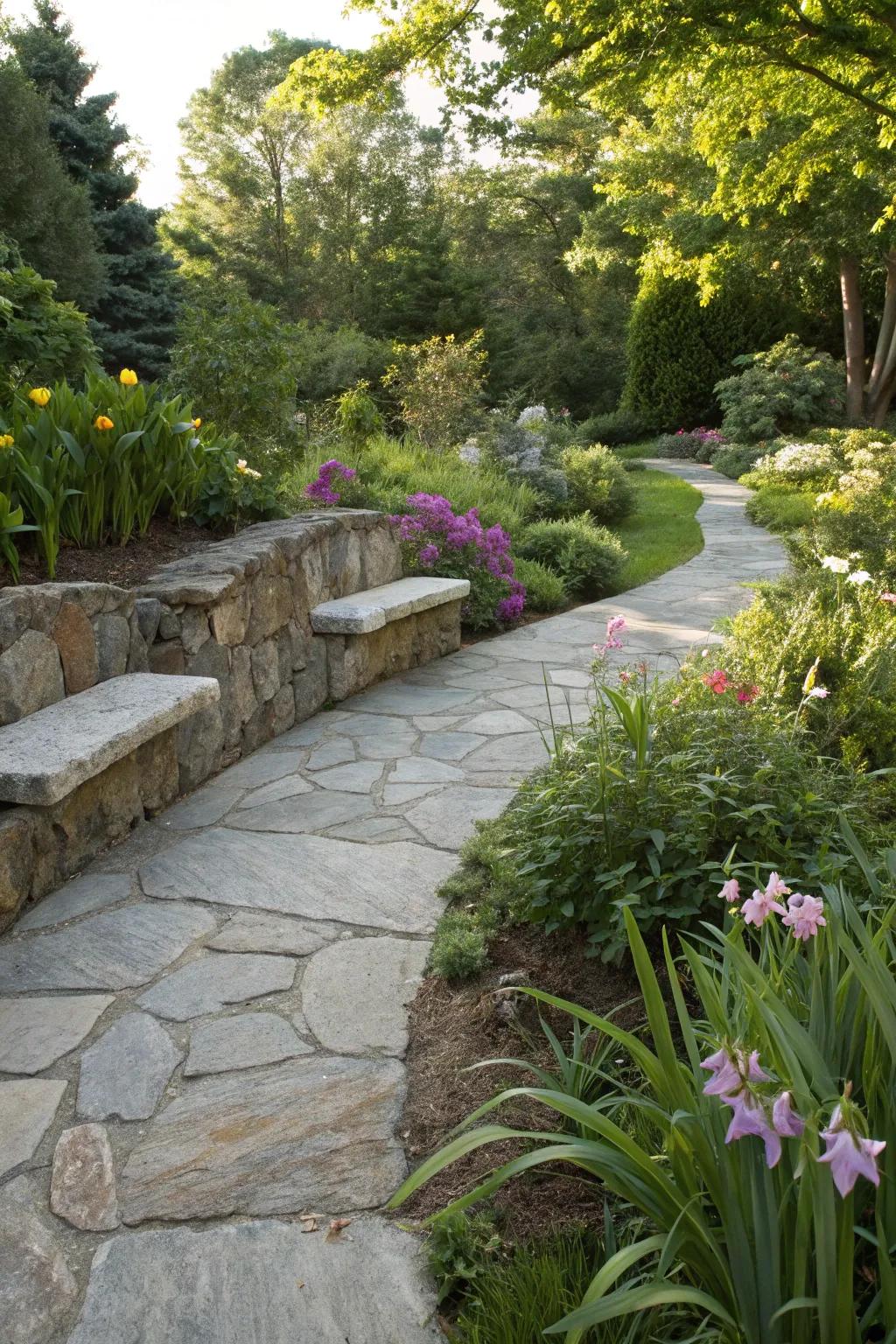 Granite walkway with inviting seating nooks.