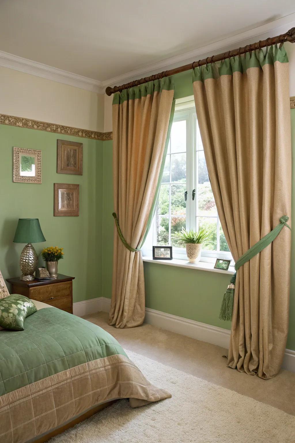 Tan curtains offer privacy and complement a green and tan decor scheme.