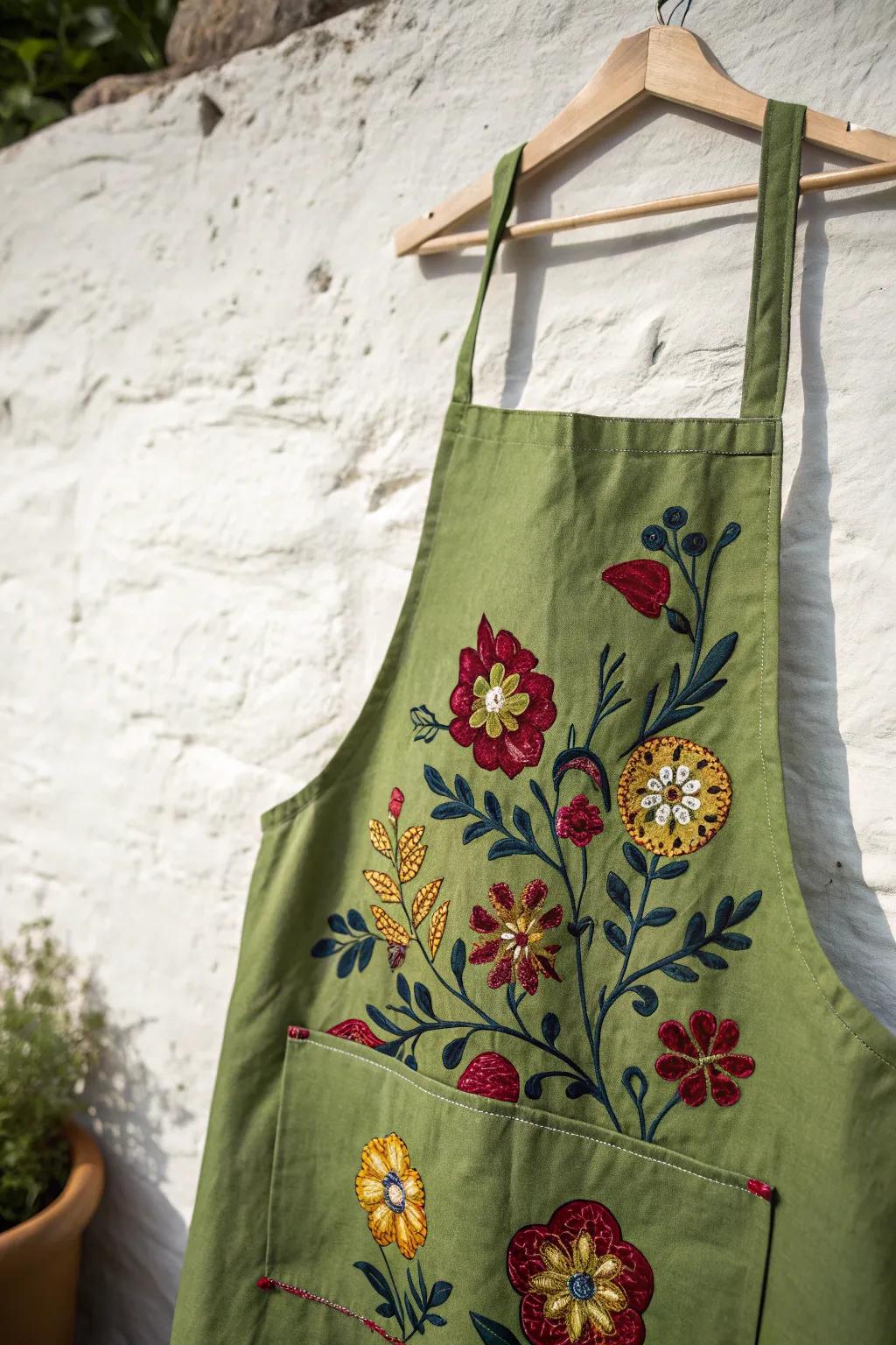 Transform the ordinary into extraordinary: Discover the art of embroidery on a minimalist green apron.