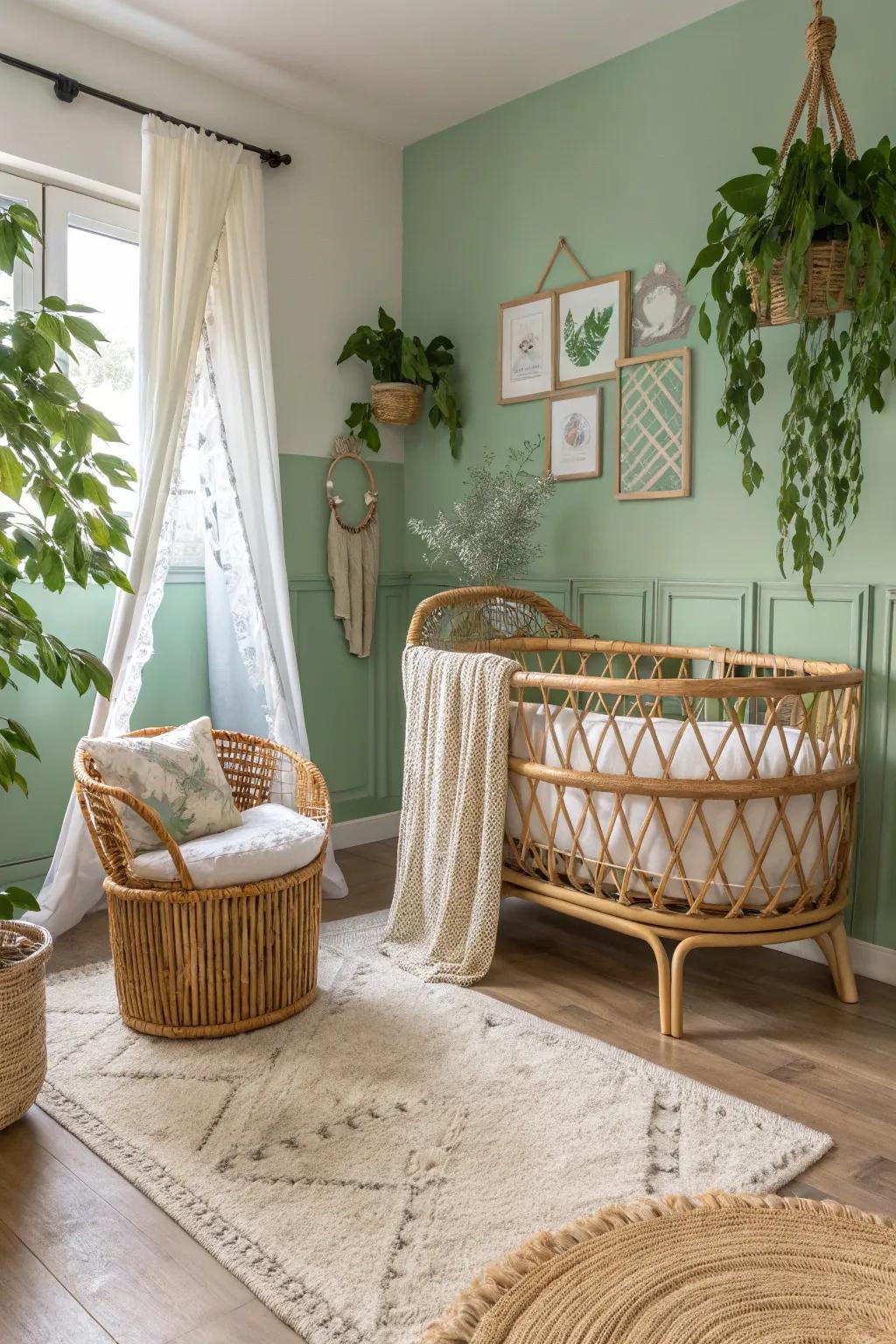 A cozy boho-style nursery with eclectic green vibes.