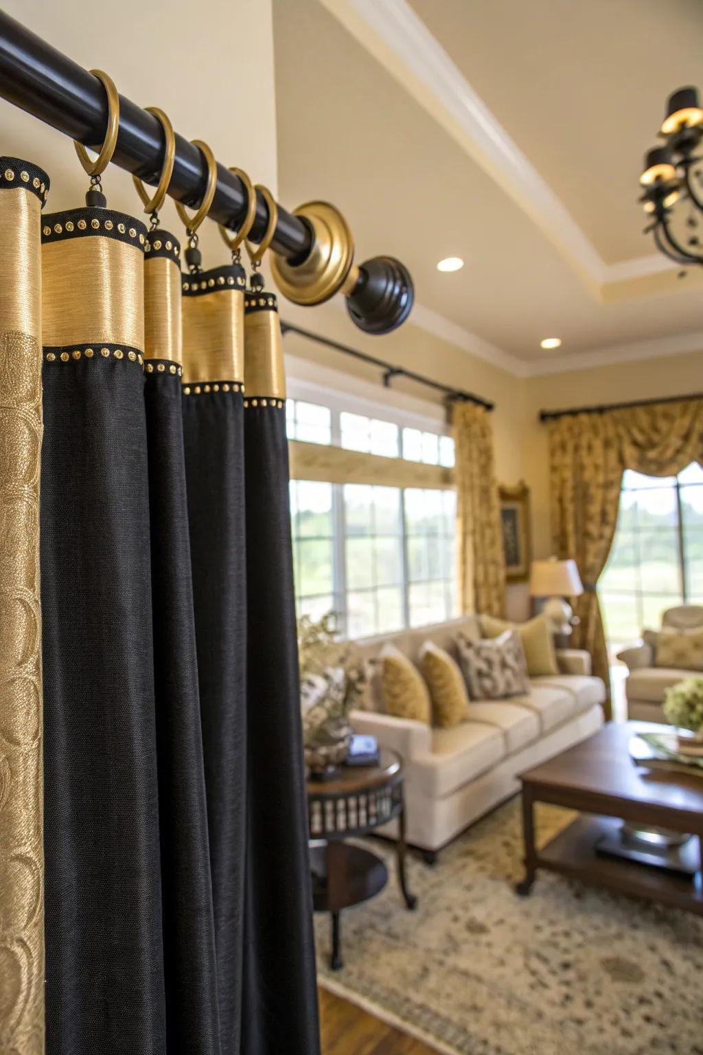 Curtain rods in black and gold enhancing the window treatment.