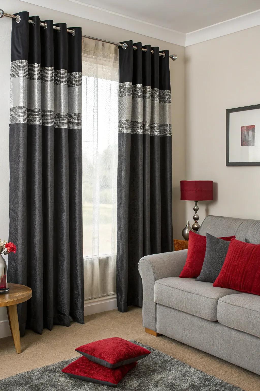 Layered curtains add depth and drama to the windows in this living room.