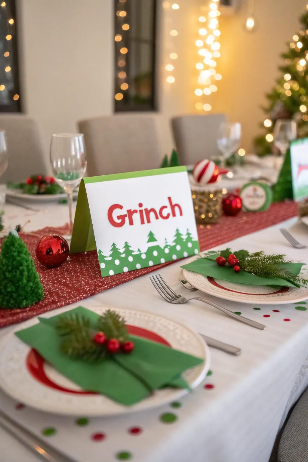 Grinch-themed place cards adding a personal touch to the festive table.