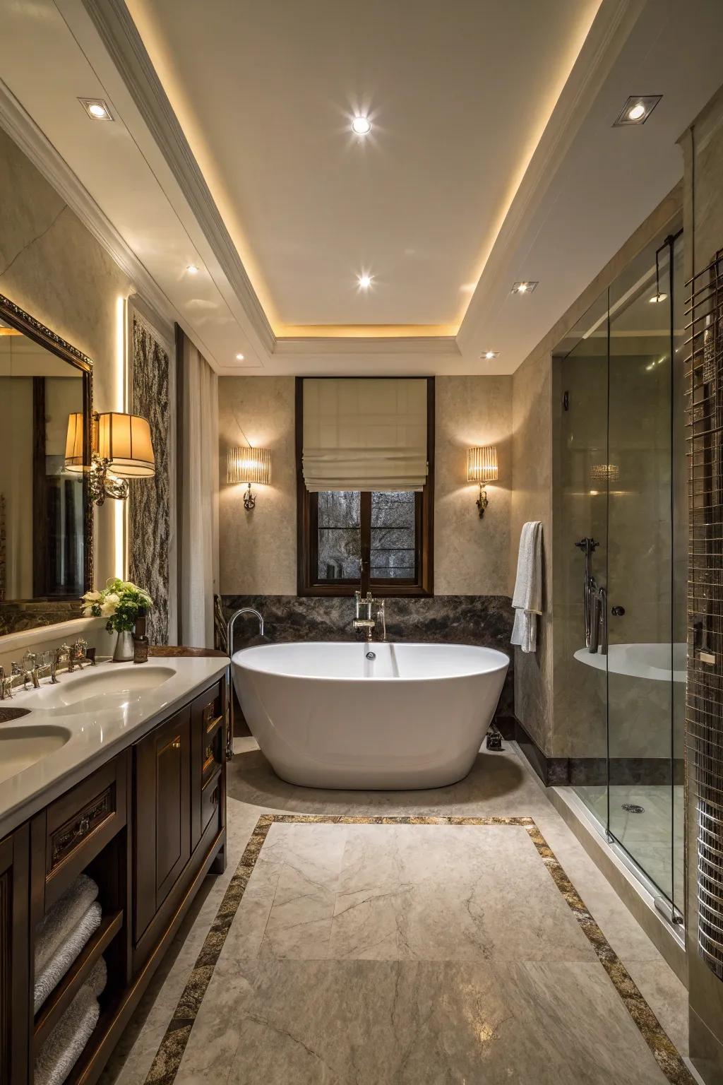 A freestanding bathtub offers luxury and relaxation.