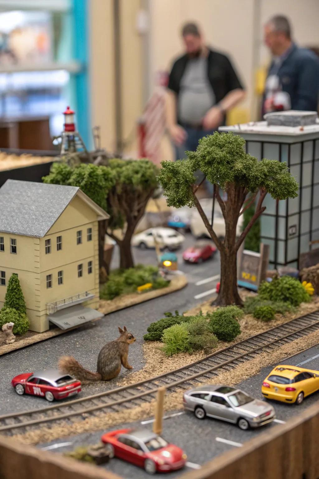 An urban habitat diorama featuring city wildlife and buildings.