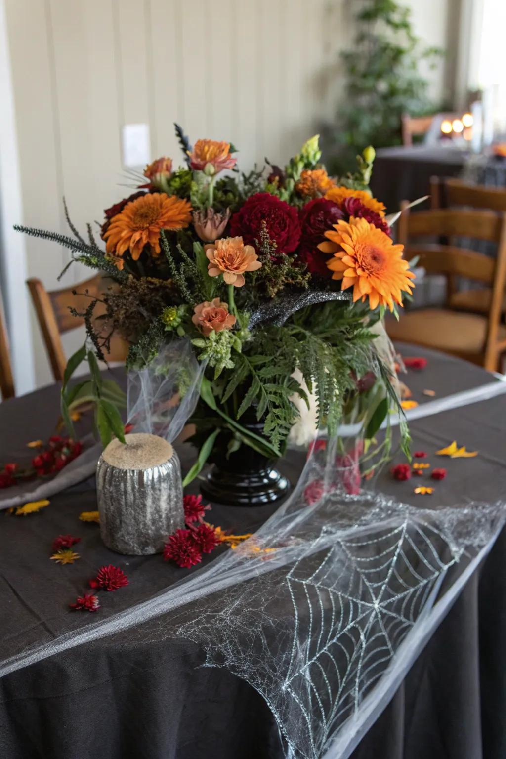 Forbidding flowers with cobwebs add a haunting elegance.