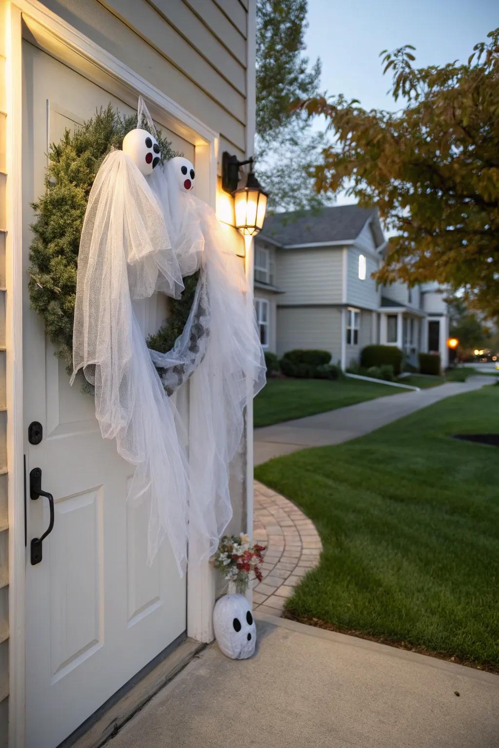 A ghostly wreath adds a festive touch to your door decor.