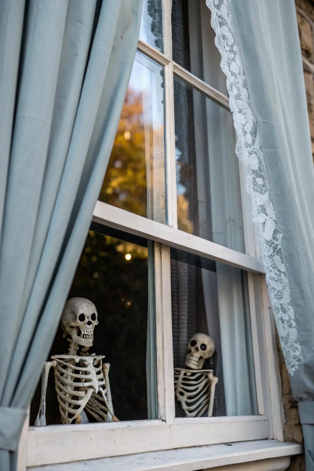 Skeletons peeking from the curtains add a chilling effect to your decor.