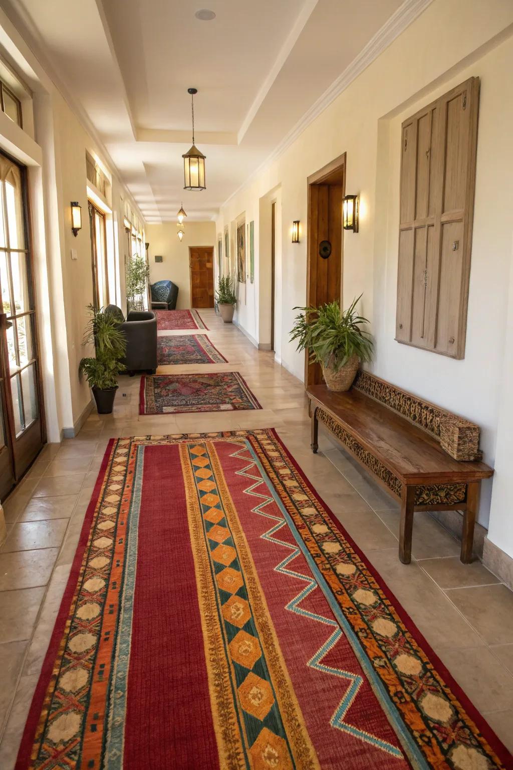 Rugs strategically placed define space and guide the eye in the hallway.