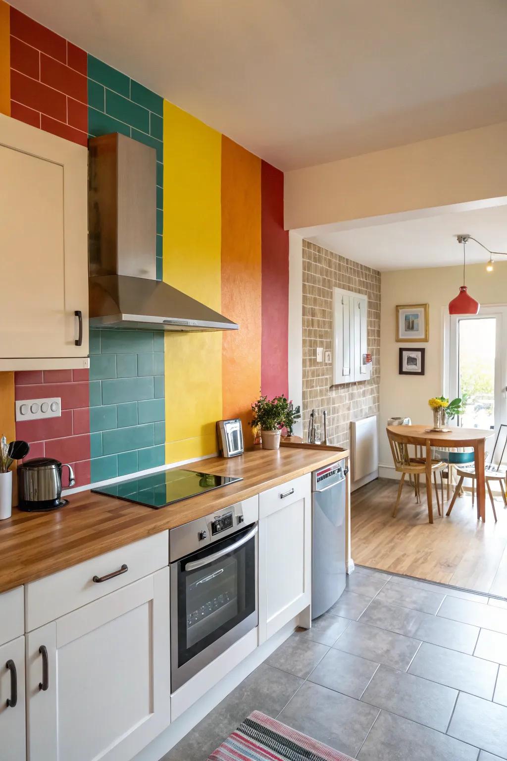 Color blocks create a vibrant and defined dining area in the kitchen.