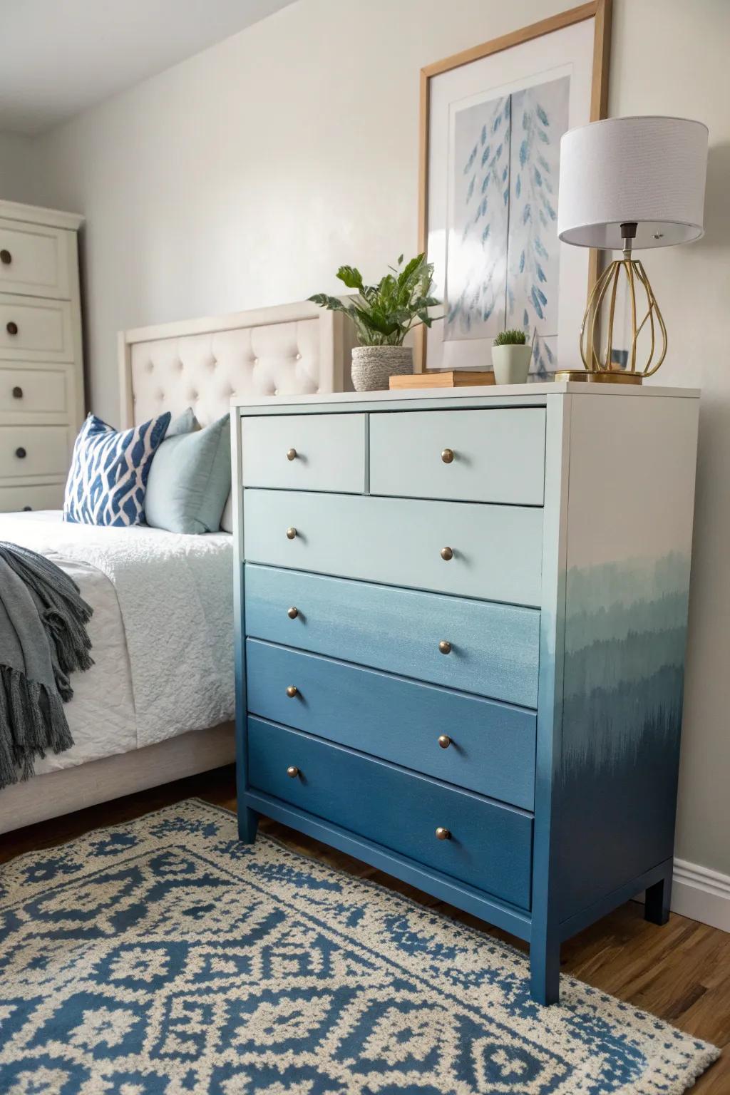 An ombre dresser adds a touch of gradient magic to the room.