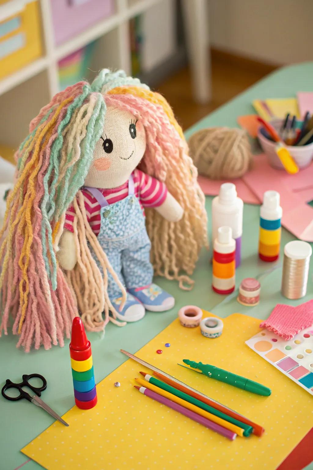 Yarn hair gives puppets a unique and playful personality.