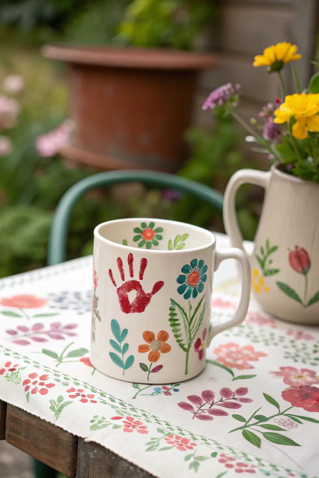 Embrace nature with a floral handprint mug.