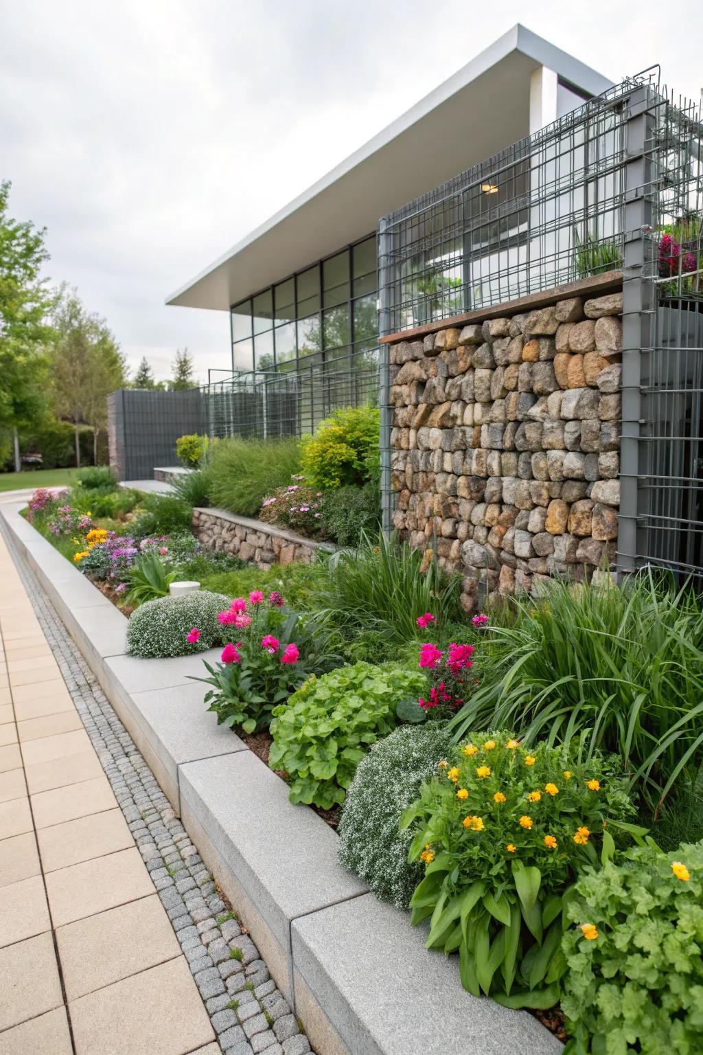 Gabion walls create a bold, modern backdrop.