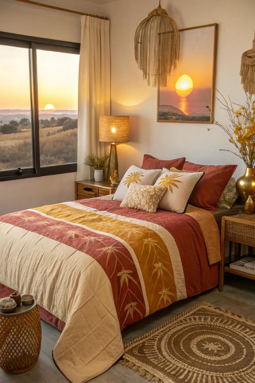 Sunset hues in bedding create a warm and inviting bedroom ambiance.