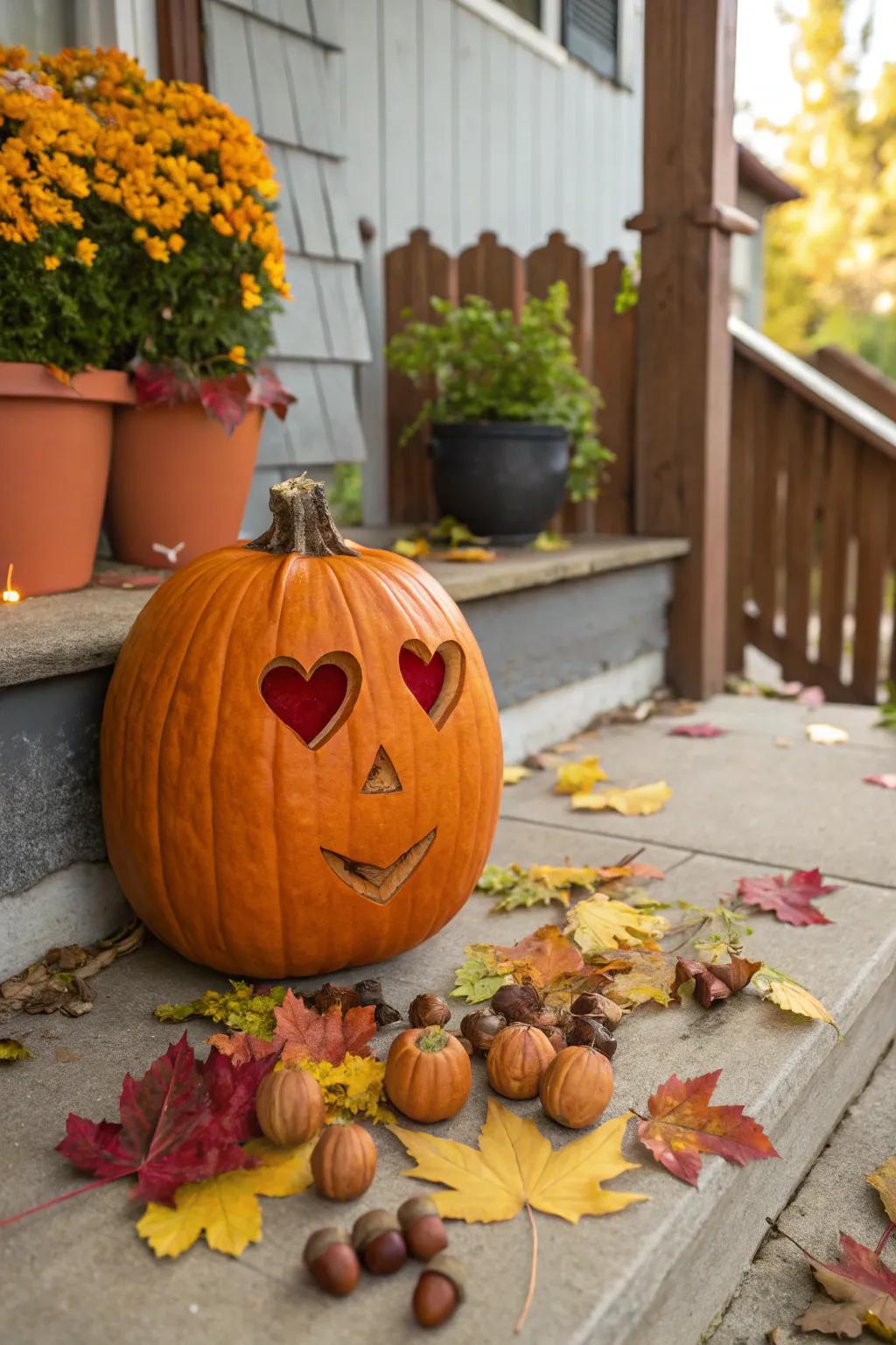 Nature-Inspired Heart Eyes Pumpkin with Autumn Carvings