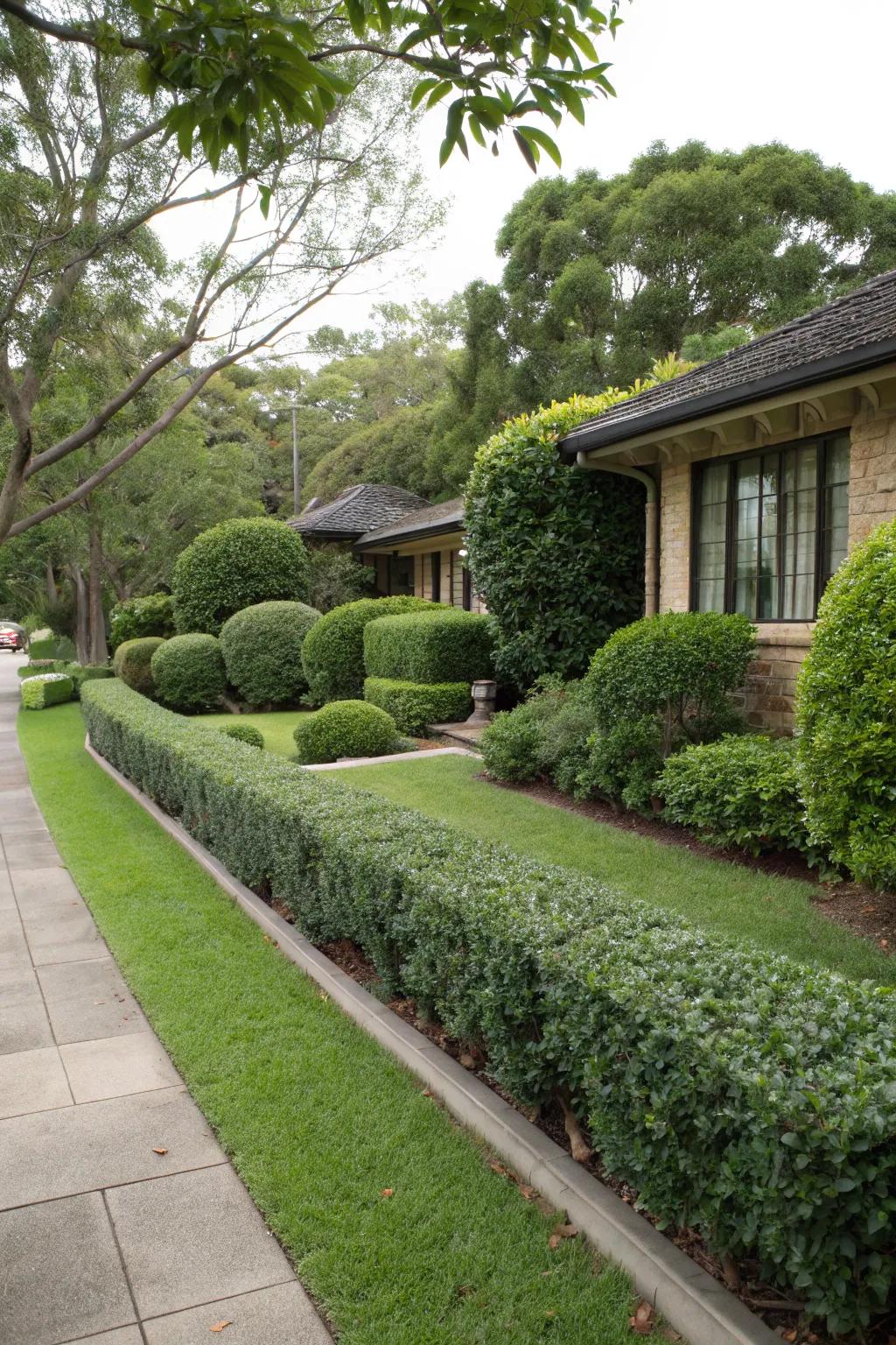 Chic Japanese pittosporum hedges with dense, glossy foliage.