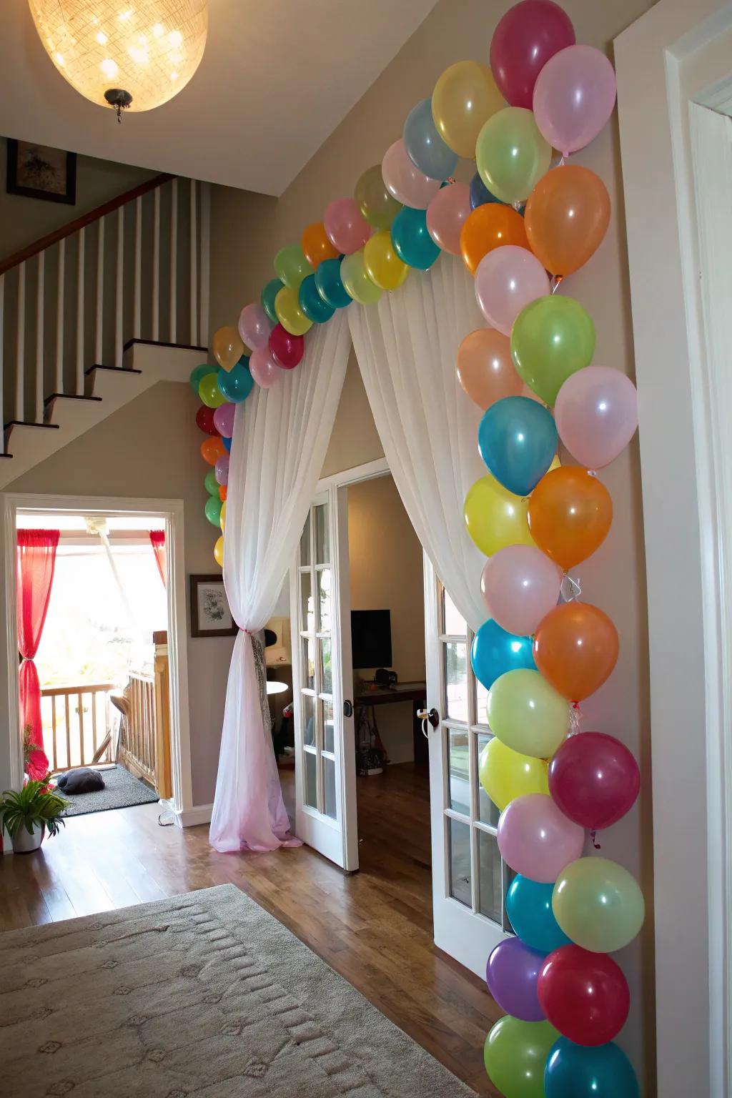 A playful helium balloon curtain for fun party decor.