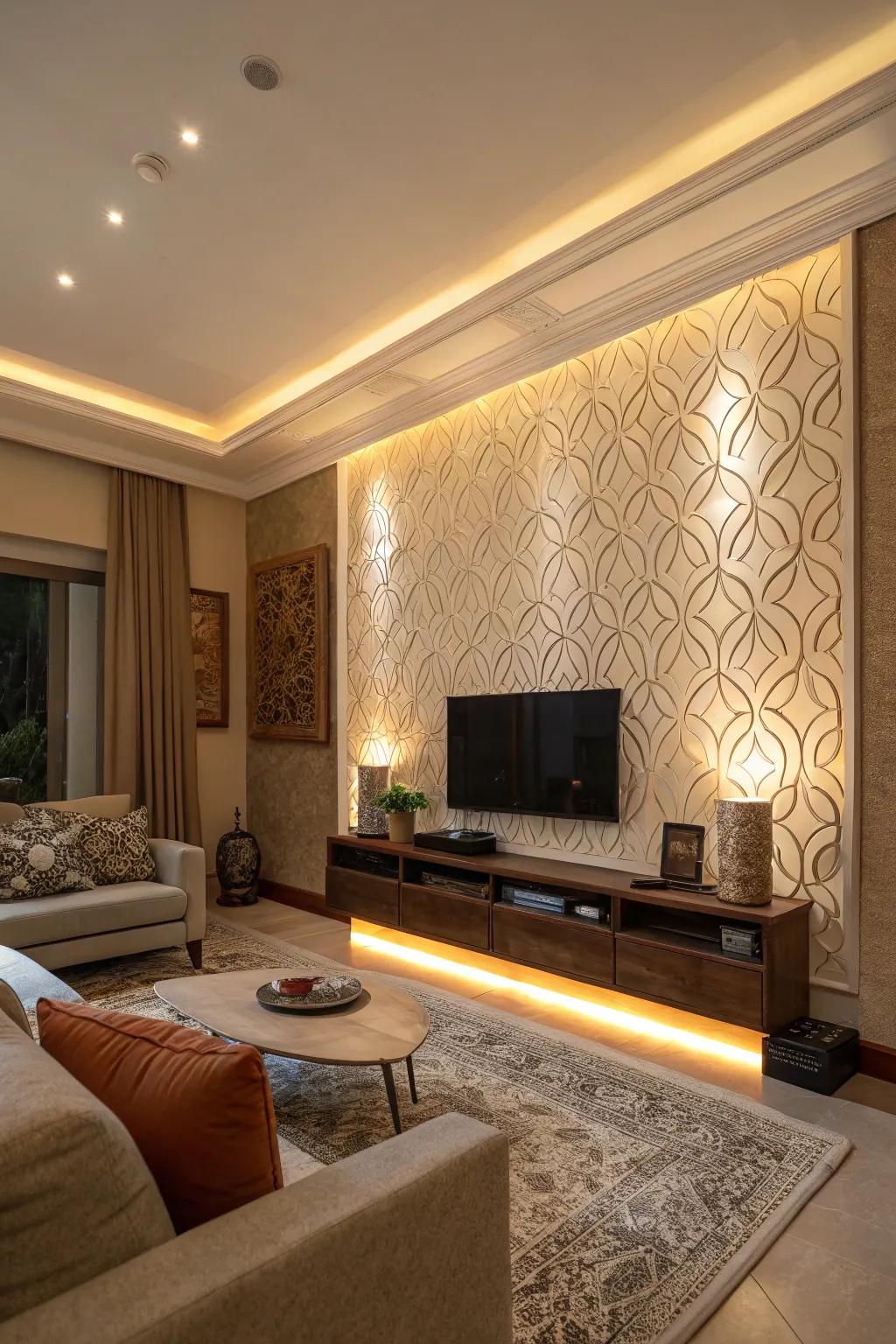 A living room with a feature wall illuminated by hidden lighting.