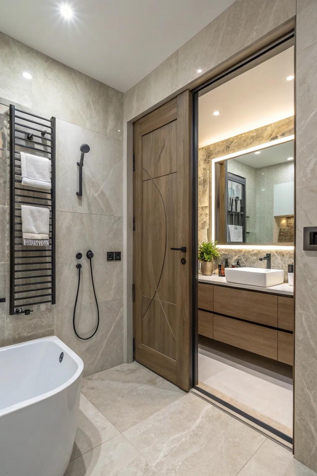 An invisible hidden pocket door maintains a sleek bathroom aesthetic.