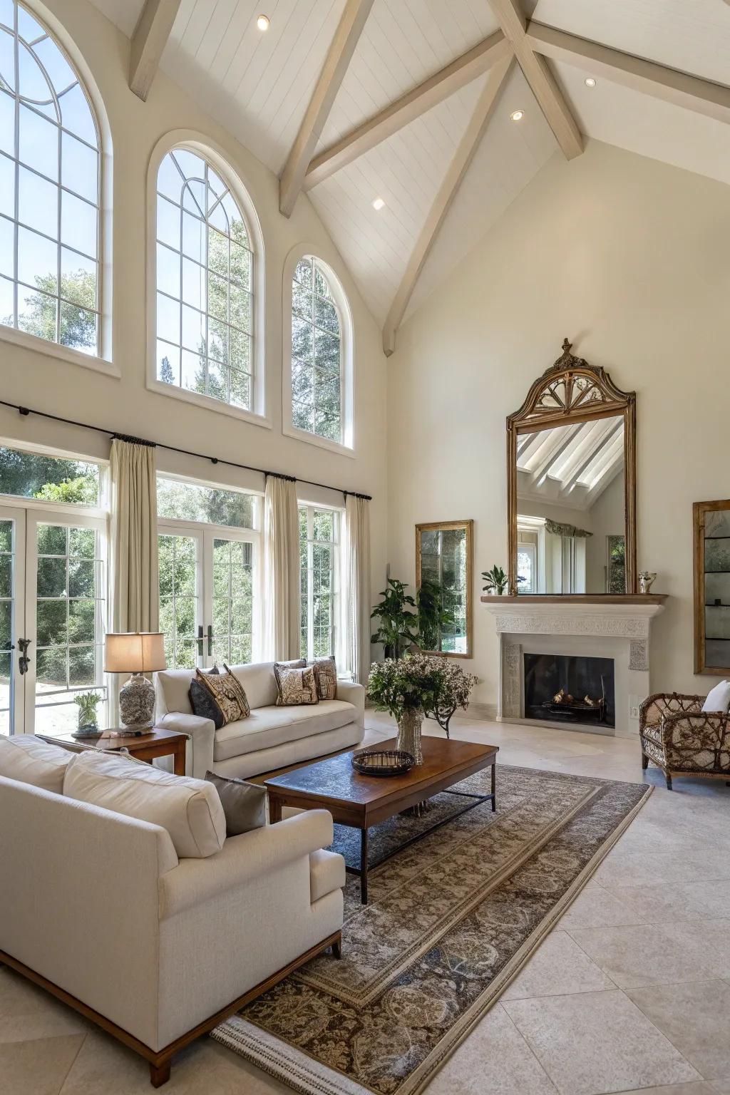 Mirrors reflect light and enhance space in high-ceilinged living rooms.