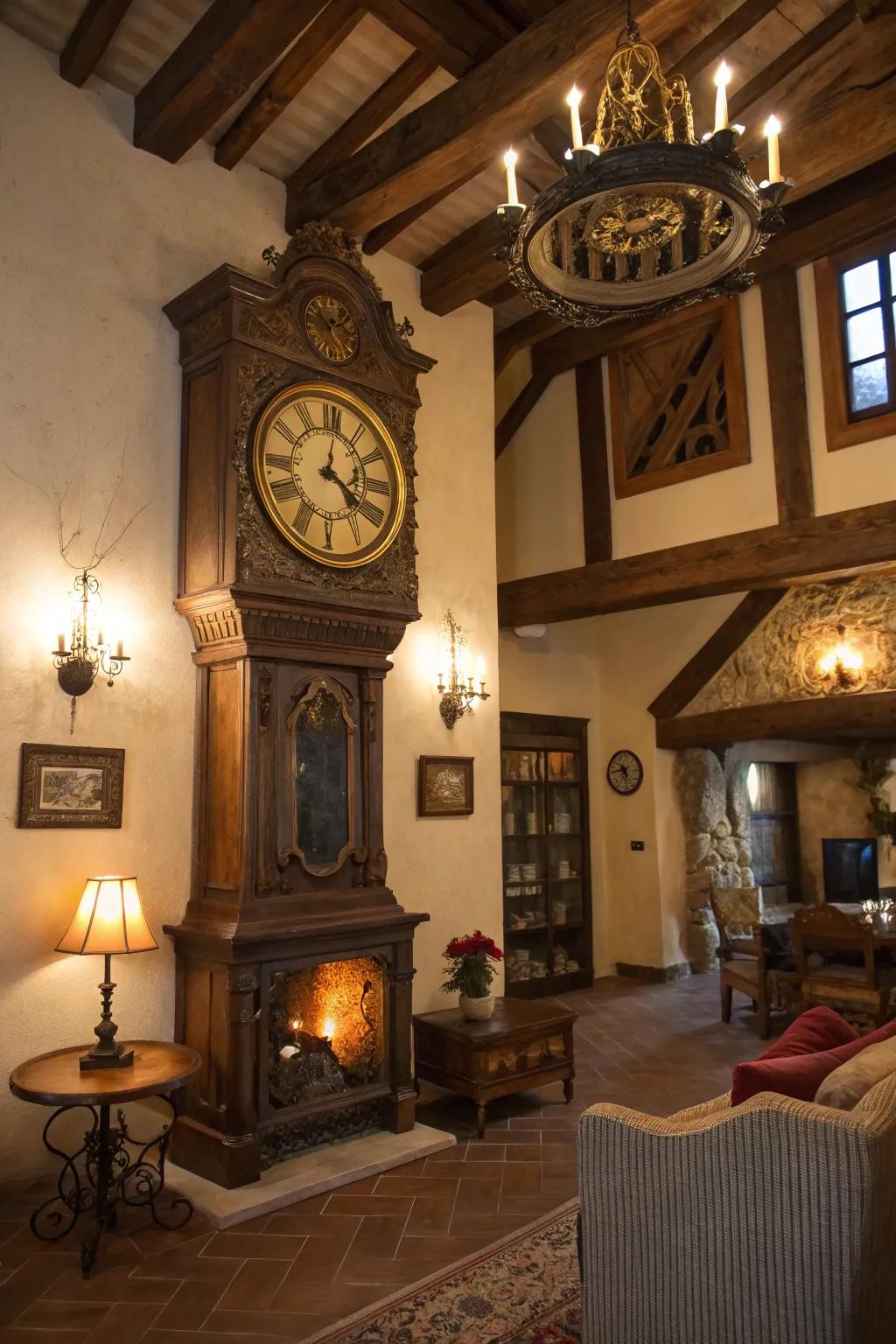 A large clock adds character and functionality to high walls.