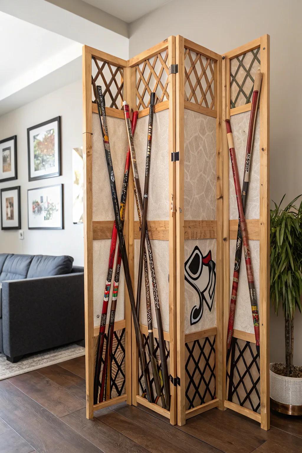 Transform your space with a unique hockey stick room divider that blends function with flair.