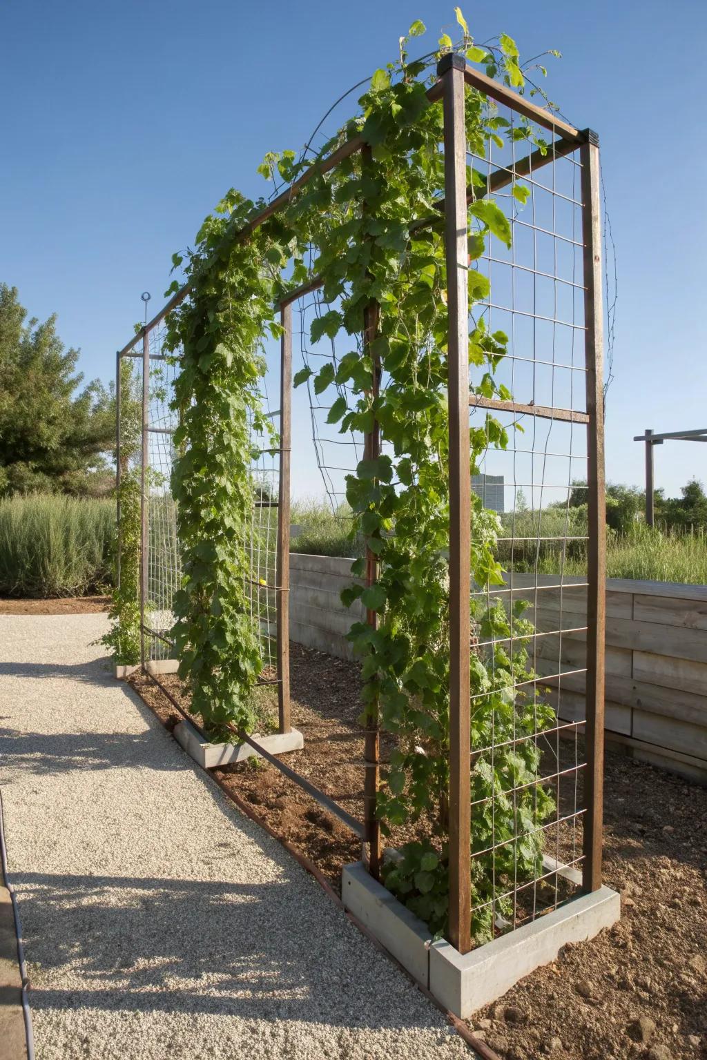 Transform your outdoor space with a crafted hog wire trellis: nature's stylish room divider.