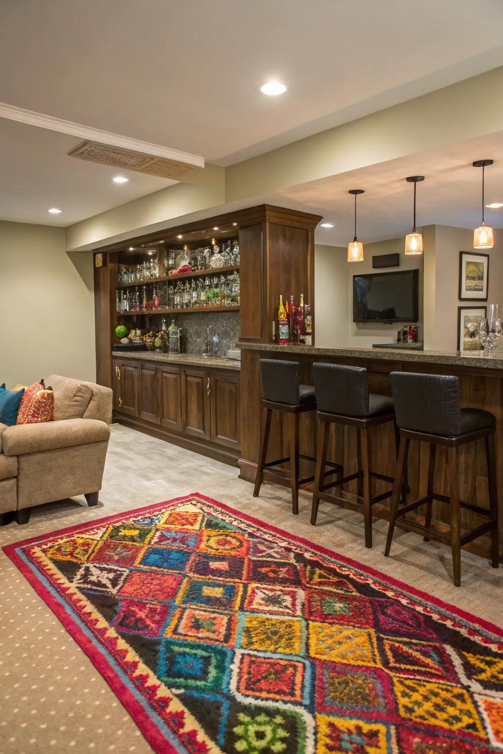 A colorful rug injects energy and personality into your home bar.