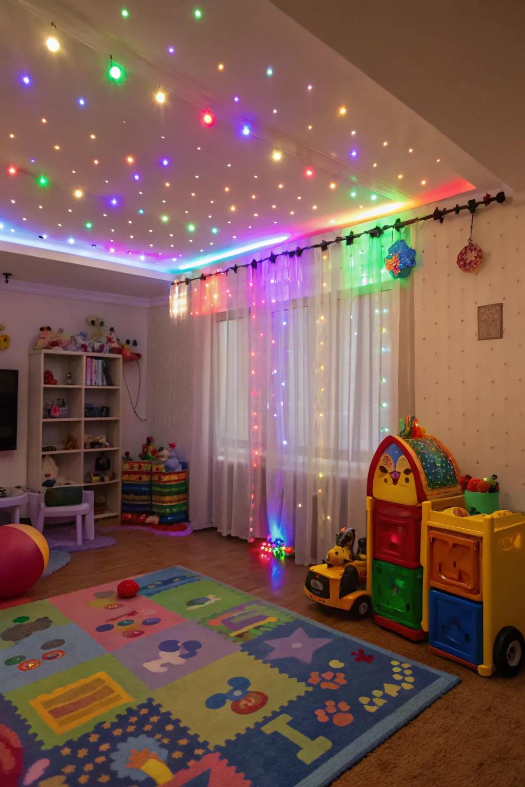 A playroom brightened by colorful lighting for fun accents.