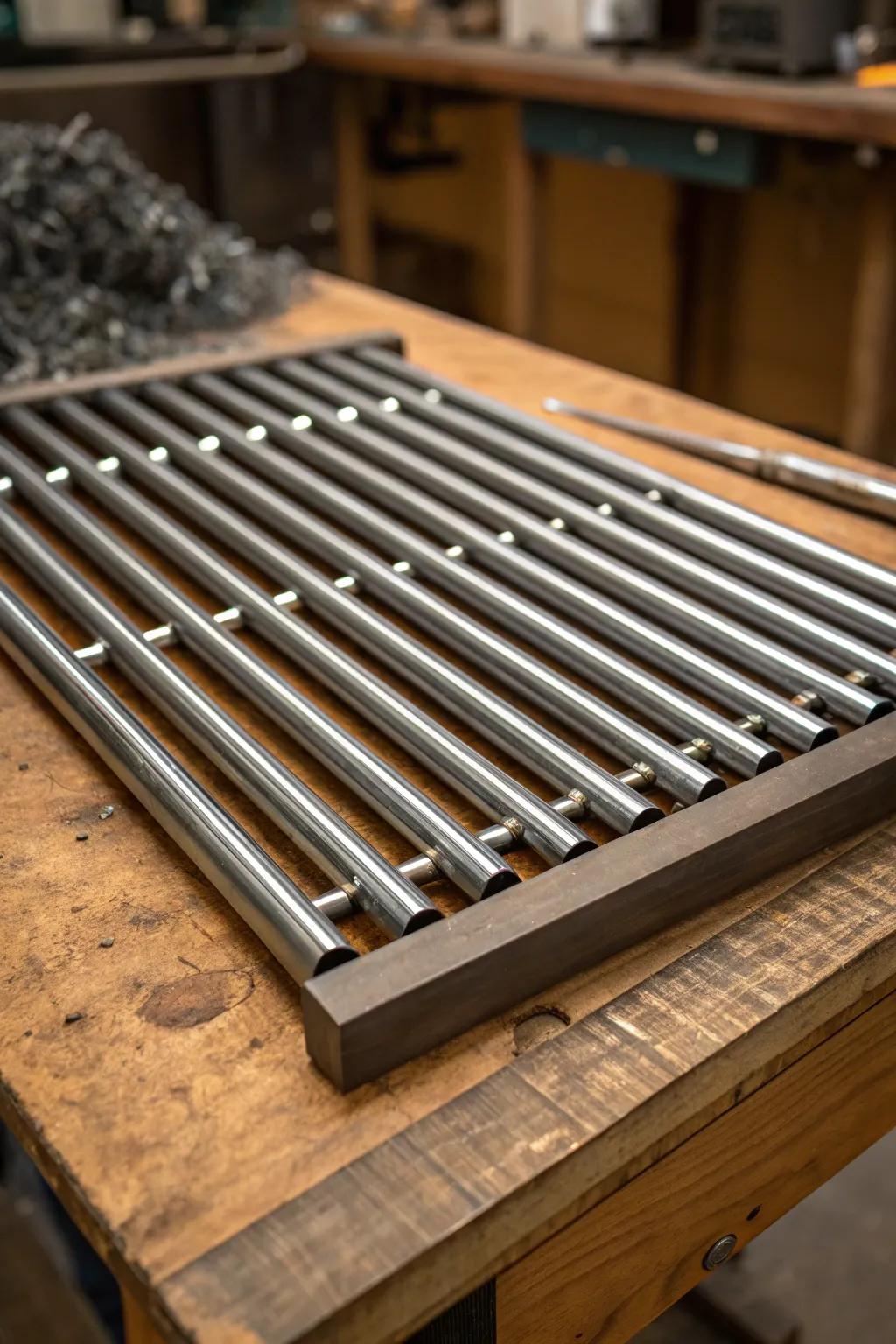 Elevate your grilling game with this sleek, handcrafted steel tubing grate—where modern design meets masterful craftsmanship.