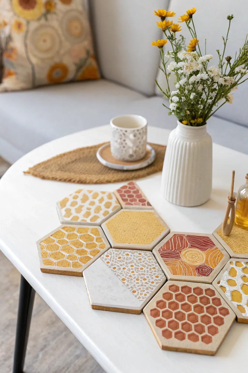 Elevate your coffee table aesthetics with these handcrafted honeycomb hexagon coasters—where minimalism meets bold design.
