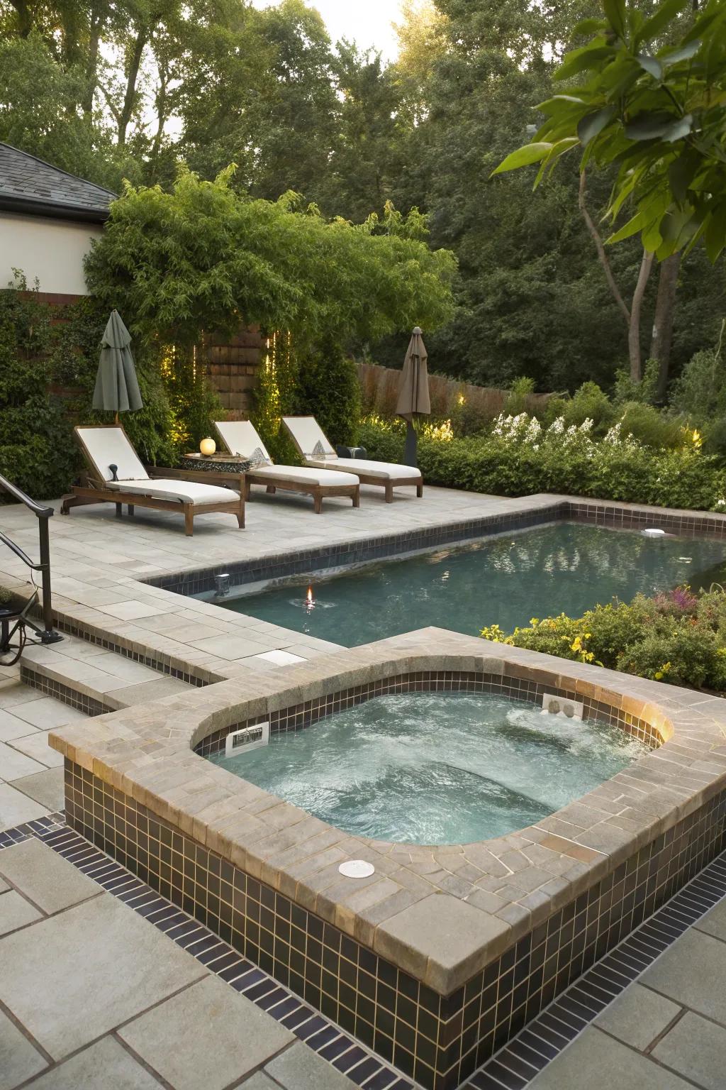 A cohesive design unites the hot tub and pool area for a harmonious backyard.