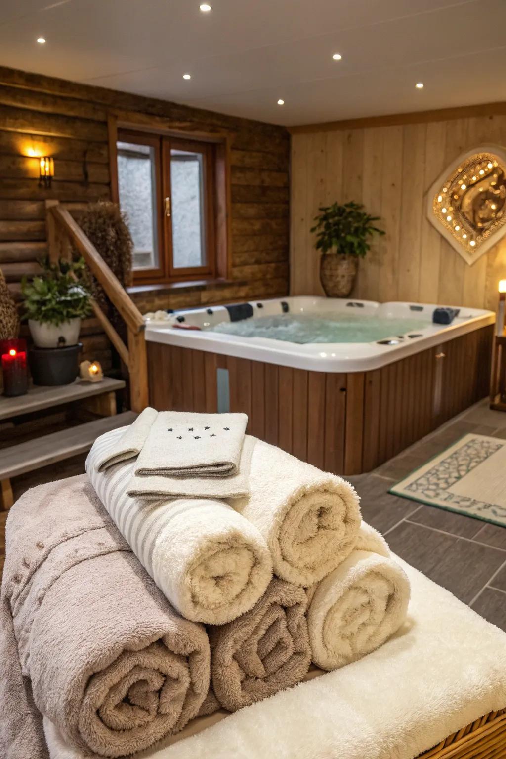 A hot tub room featuring soft textiles for added comfort.