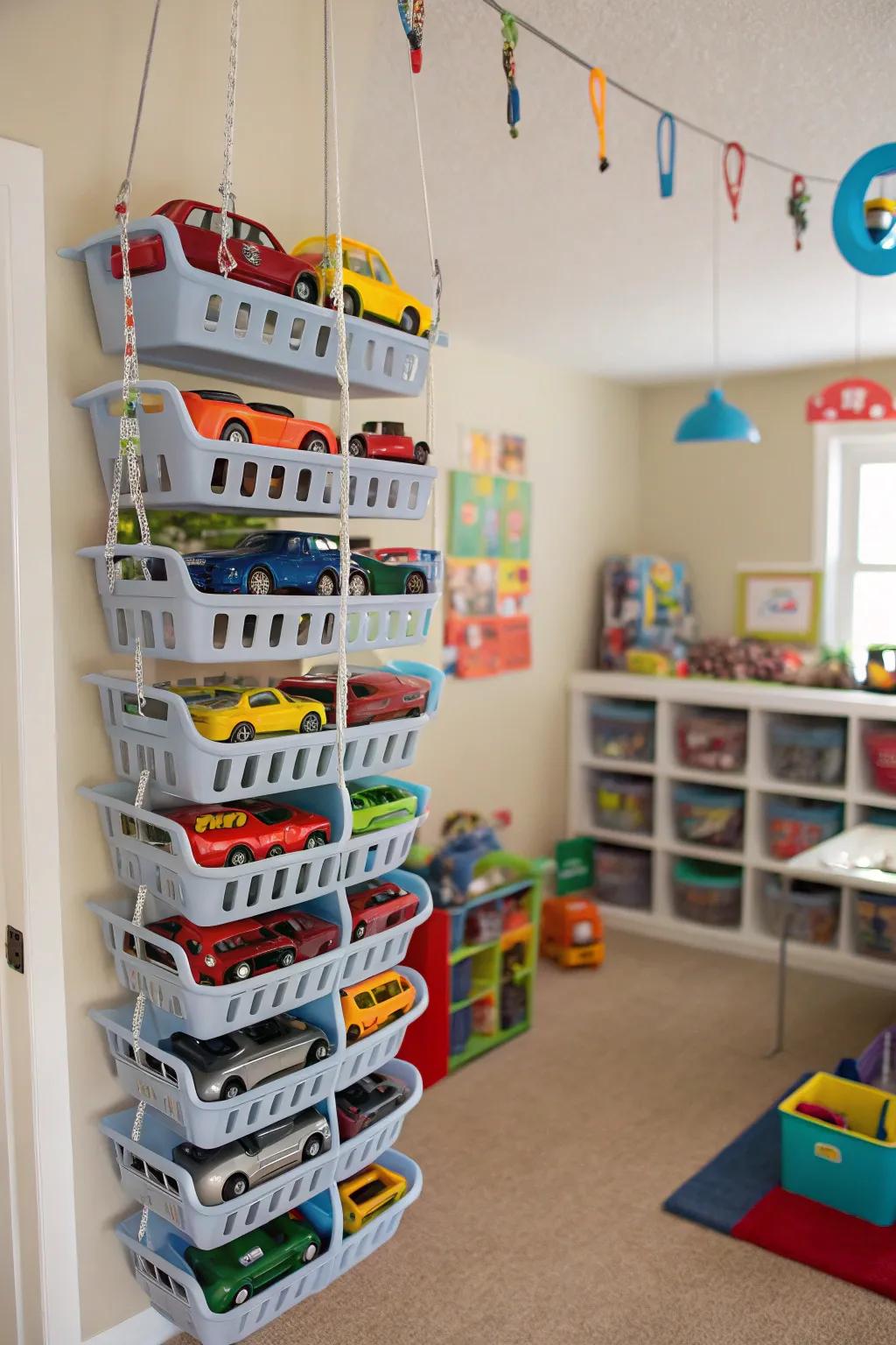 Hanging baskets offer vertical Hot Wheels storage solutions.