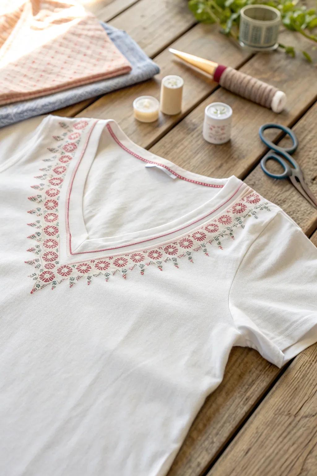 Transform your t-shirt into a vintage-inspired piece with a simple V-neck trim! 🌿✨ #DIYFashion #MinimalistStyle