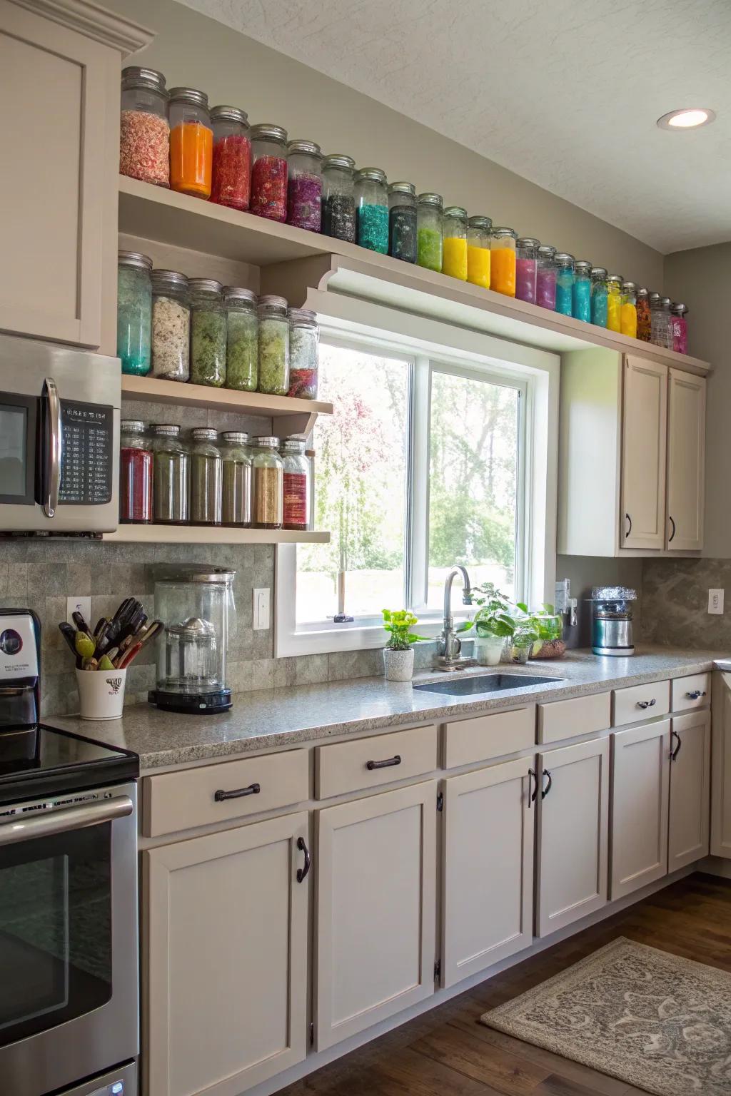 Colorful mason jars add vibrant accents above kitchen cabinets.