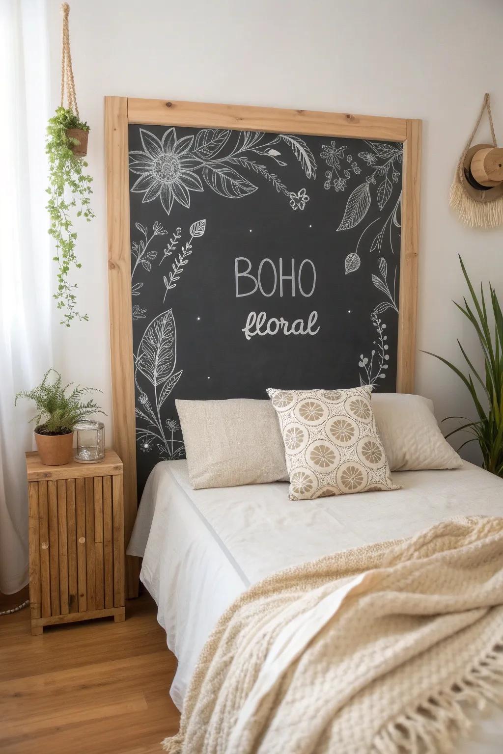 Transform your bedroom with a whimsical chalkboard headboard that changes with your mood. #ChalkboardHeadboard #BohoScandiStyle