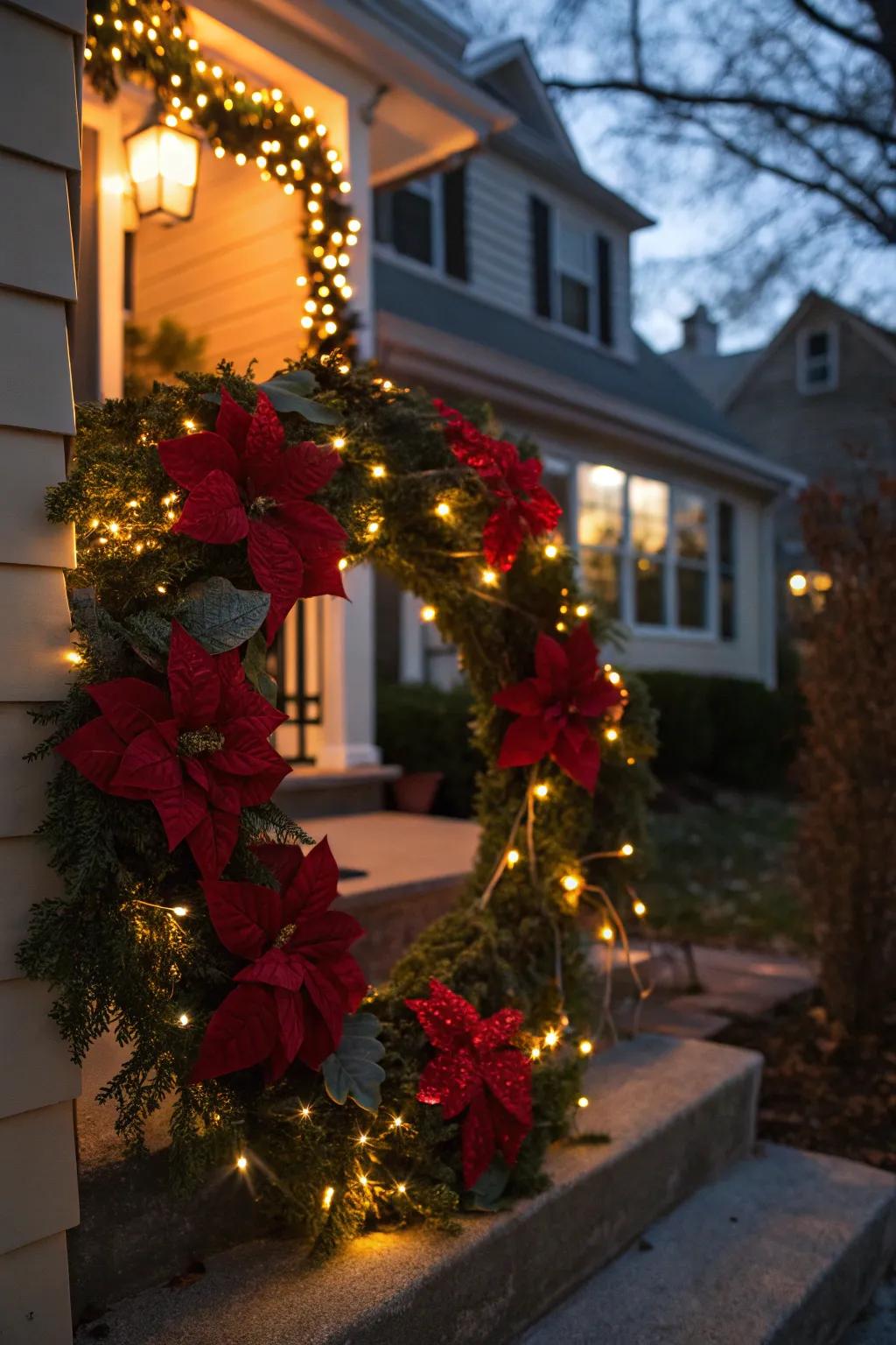 A sparkling poinsettia wreath with twinkling fairy lights.