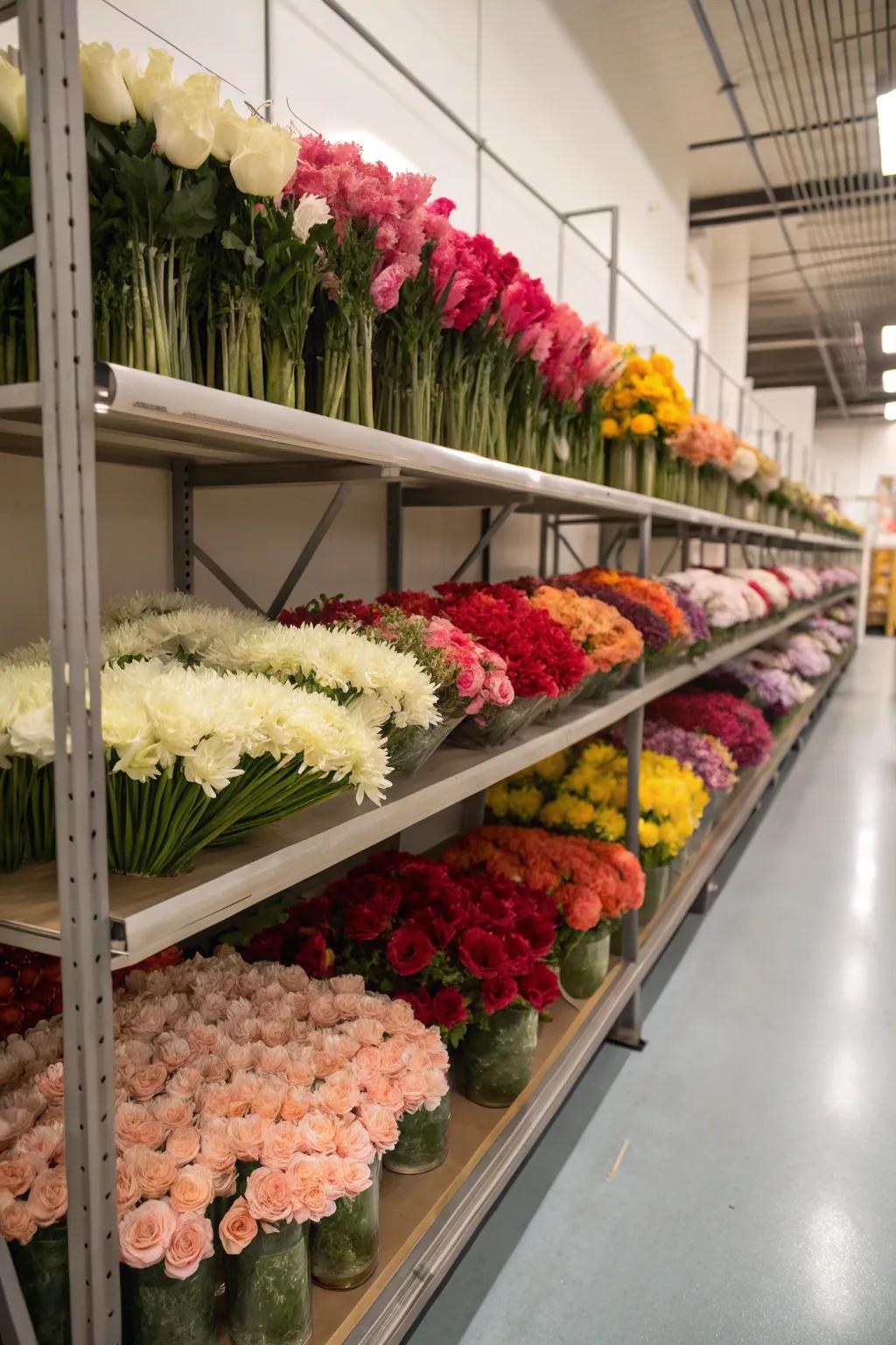 Overhead racks offer convenient storage for infrequently used faux flowers.