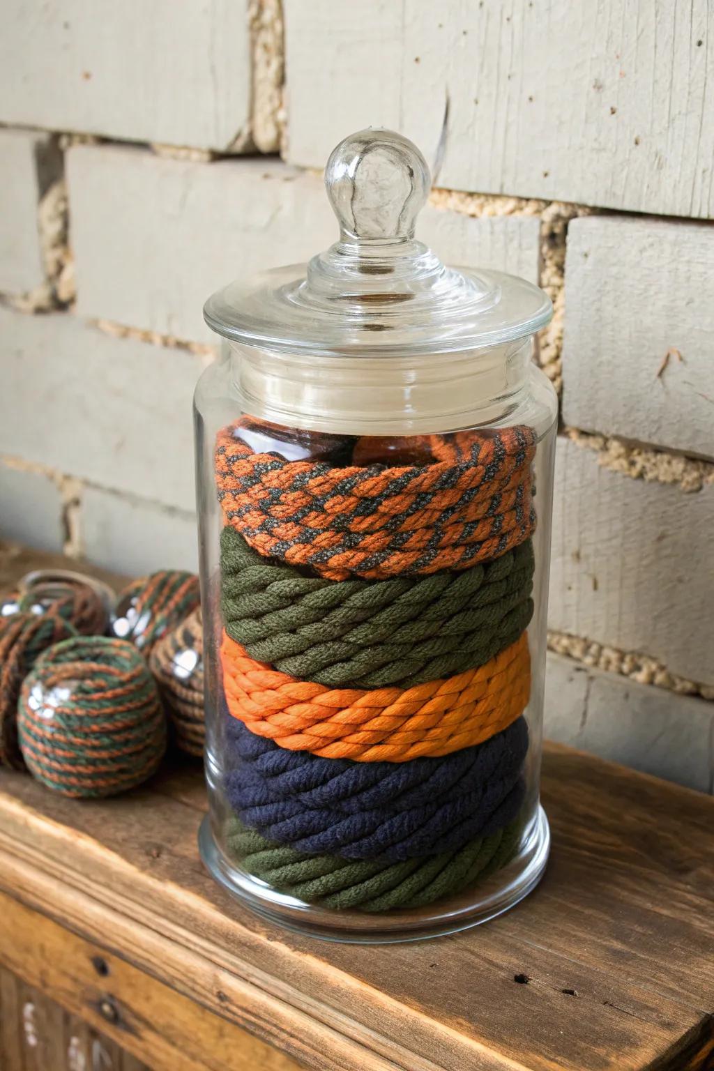 Transform your paracord storage into a stylish statement with vintage apothecary jars.