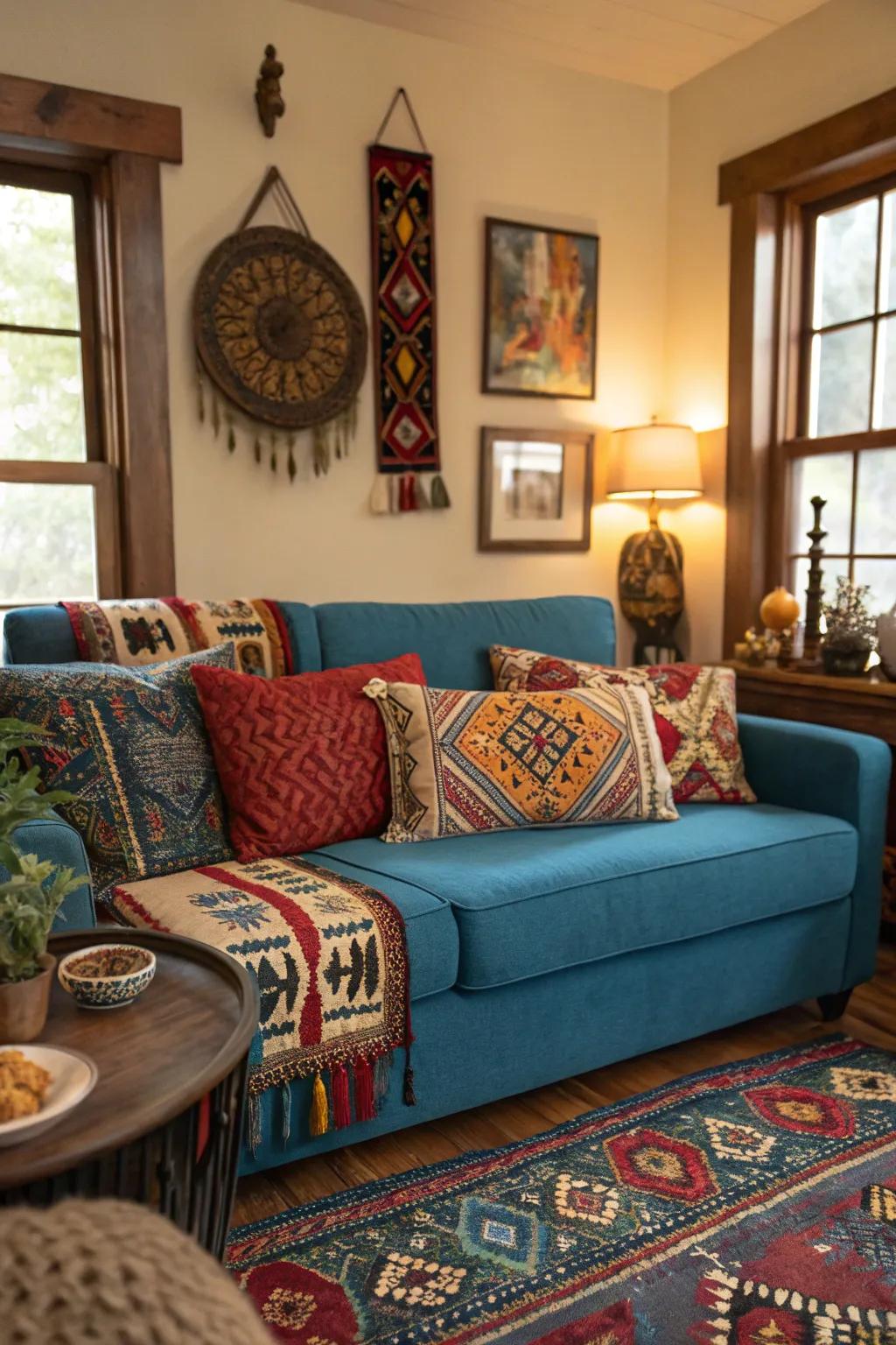 Cultural elements add character and personalize a blue couch setting.