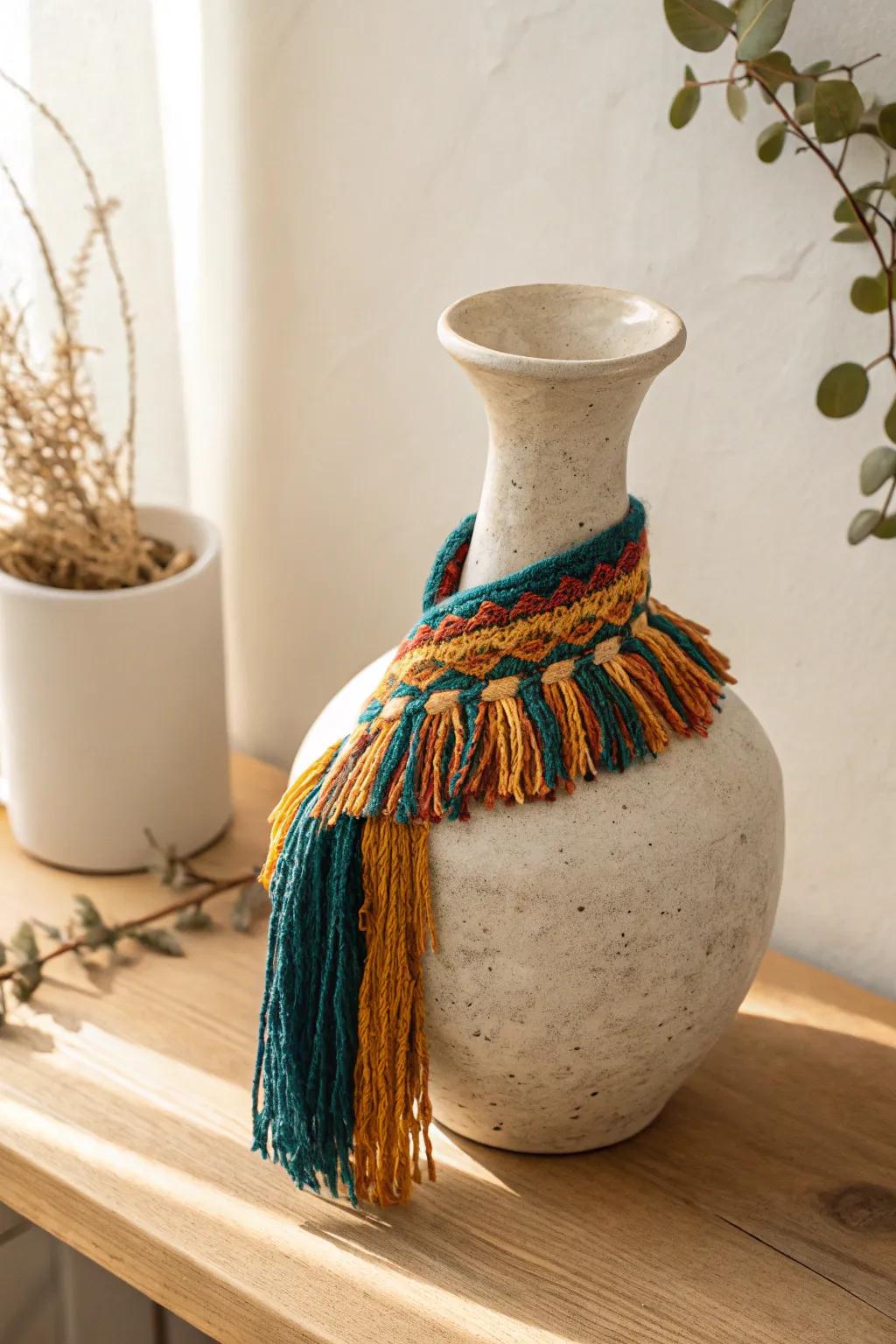 Add a playful boho touch to your decor with a vibrant fringe-wrapped vase.