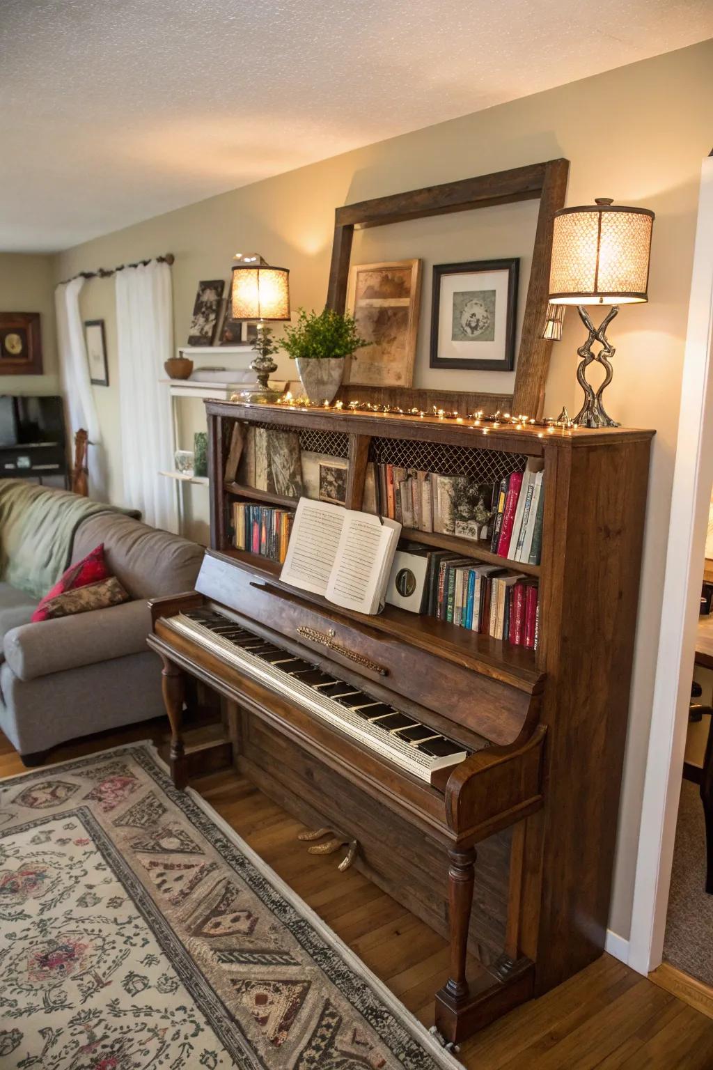 Transform a piano into a stunning bookshelf.