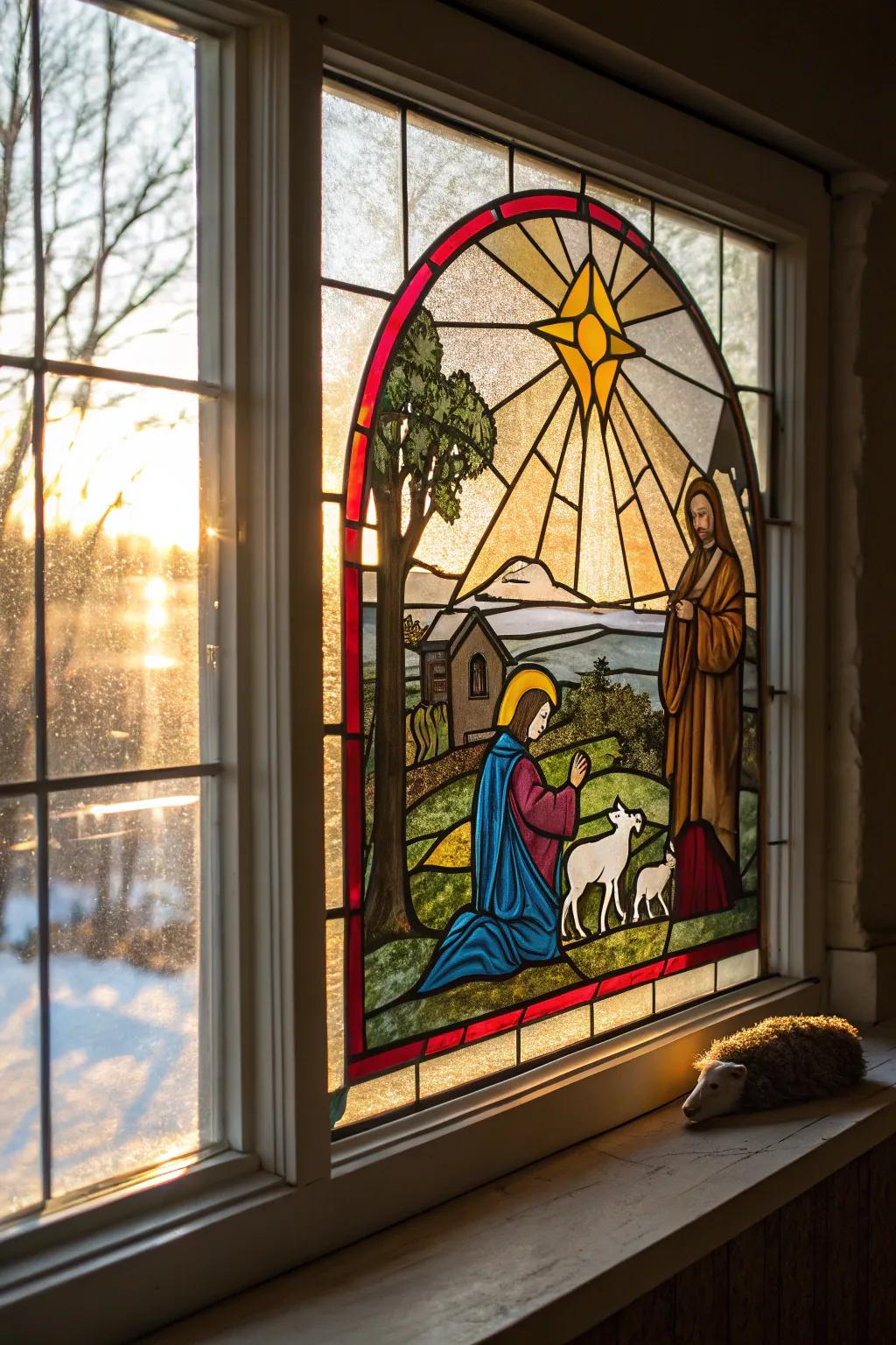 Stained glass adds color and light to the nativity scene.