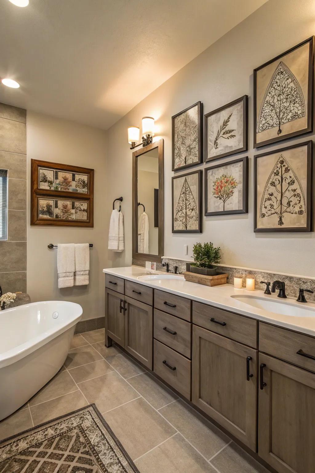 Personalized wall art adds elegance and a personal touch to this master bathroom.