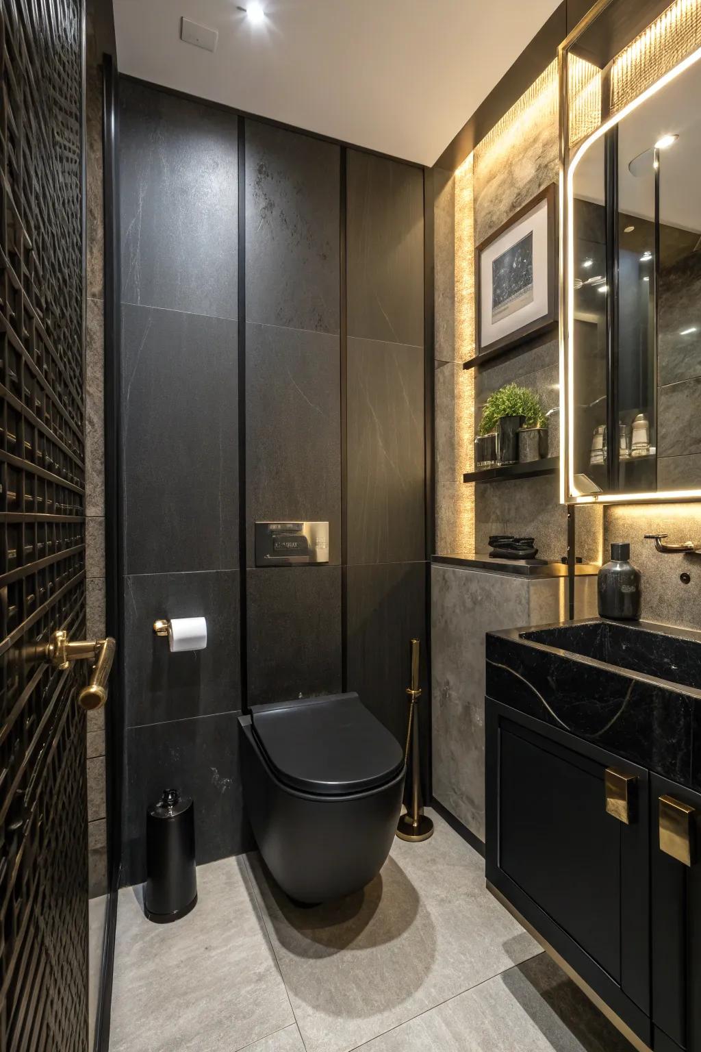 Metallic finishes add a modern touch to a black toilet bathroom.