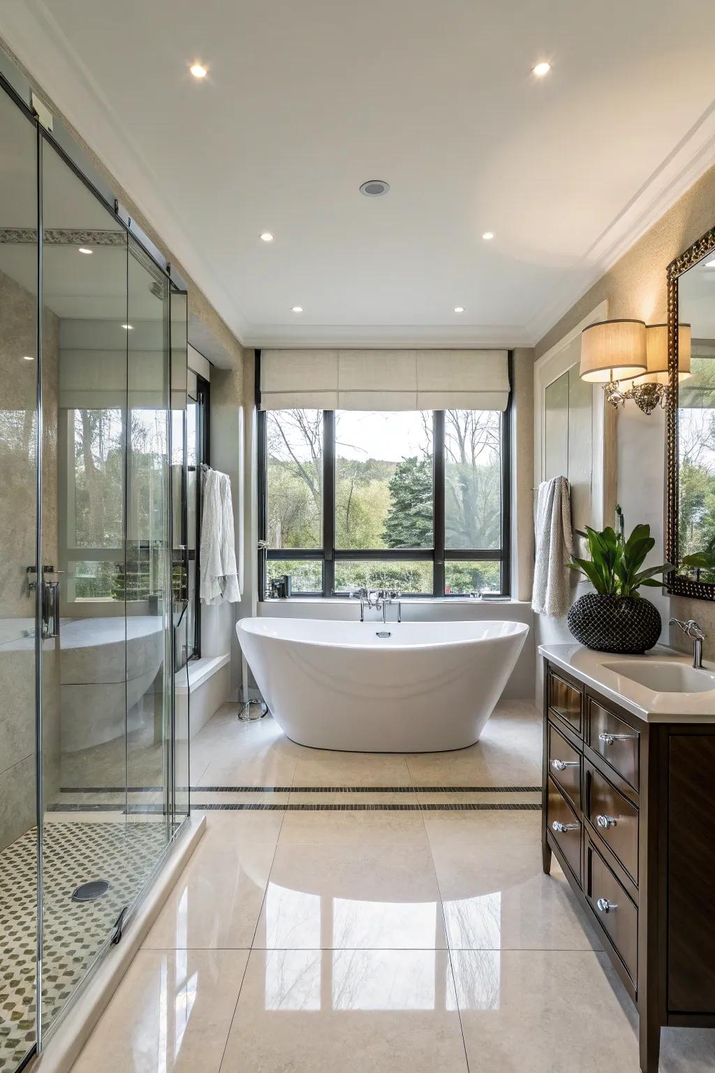 A glass tub providing a modern twist to a light and airy bathroom.